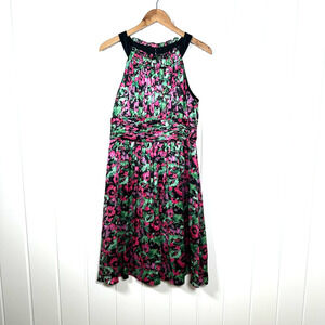 Kay Unger Formal Dress 10 Silk Sleeveless Floral Fit Flare Ruffles Dk Romantic